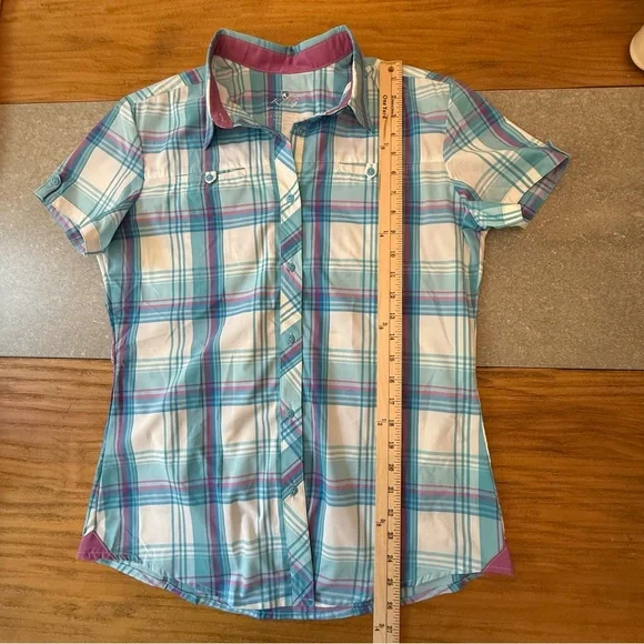 KUHL Women’s Plaid Button Up Short Sleeve Hiking Shirt Blue White Purple Medium - Picture 6 of 12